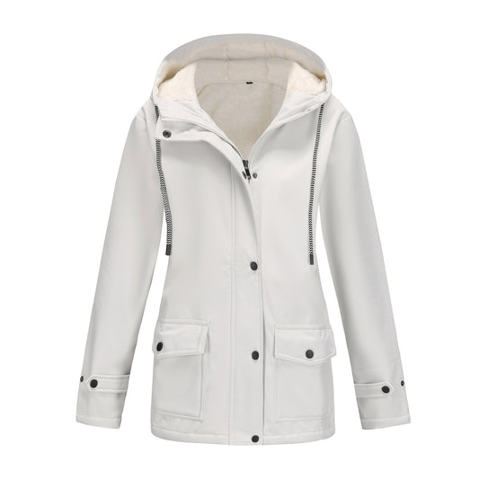 Autumn Winter Fleece Warm Trench Coat Women's Rainproof Hooded Windbreaker Female Loose Tops Large-size Outerwear Outdoor Sports