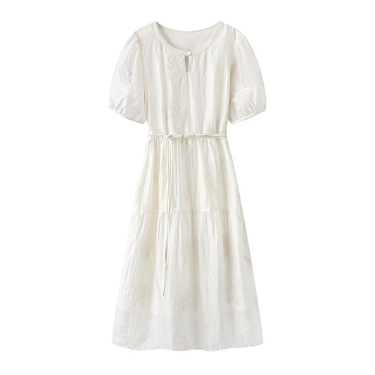 Summer New Vintage Elegant Soft Waist-Fitted Slimming Petite Long Dress White Lace Dresses Fresh Style