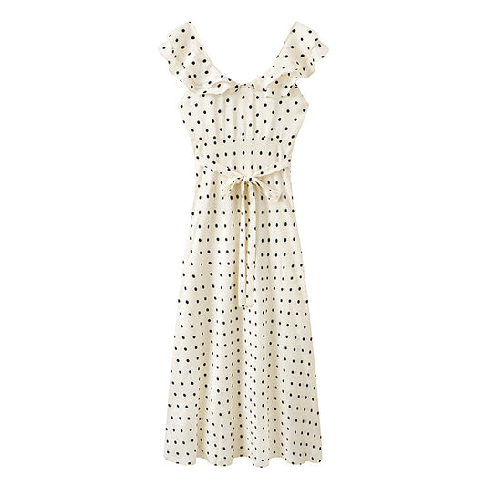 Vintage Dress For Women Round Neck Lace-up Polka Dot Printing Short Sleeve Gathered Waist Female A-line Dresses