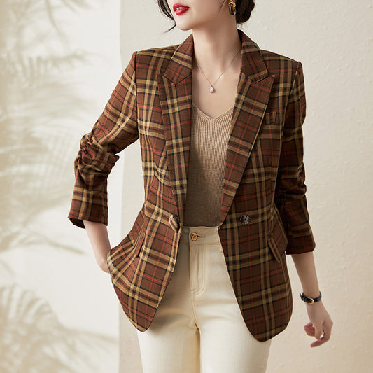 Ladies New Cotton Linen Plaid Suit jacket Spring Autumn Leisure Slim Long Sleeve Short Ladies Small Suit Temperament Suit Jacket
