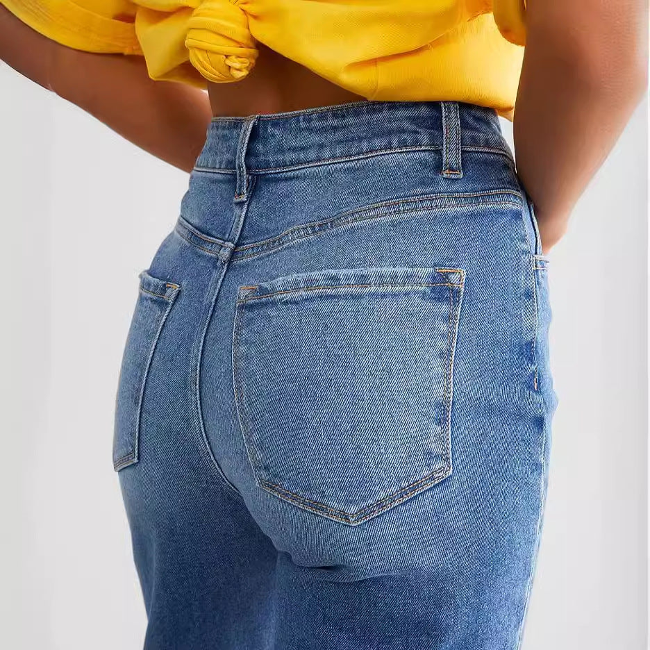 Woman High Waist Elastic Pants Female Casaul Slim Fit Ripped Jeans Girls Fashion Streetwear Dark Blue Light Blue Denim Trousers