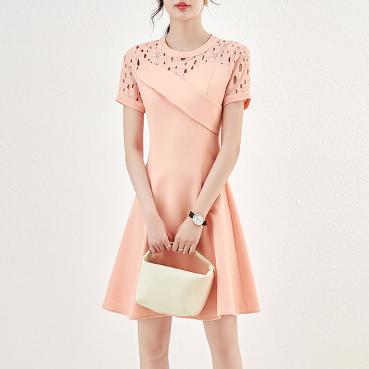 Elegant Pink Dress Women's Latest Summer Waist-Fitted Slimming Short Sleeves With Embroidered Hollow Out Design