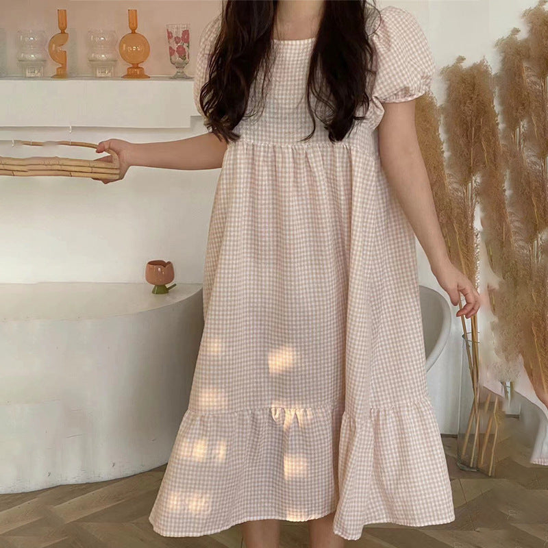 Bubble Textured U-Neck Dress Women's Casual A-Line Midi Ruffled Short Sleeve Soft Comfortable Womens Dresses Woman Clothing Cute