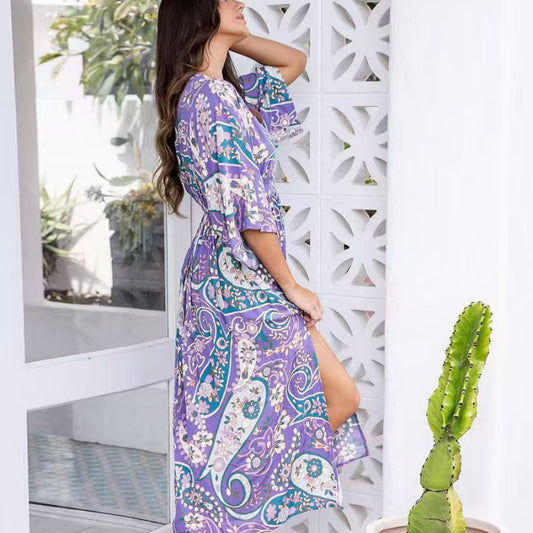 Elegant Vacation Dress Women Summer New Casual V-Neck Bat Sleeve Waist Long Dresses Loose Printed Bohemian Style Female Vestidos