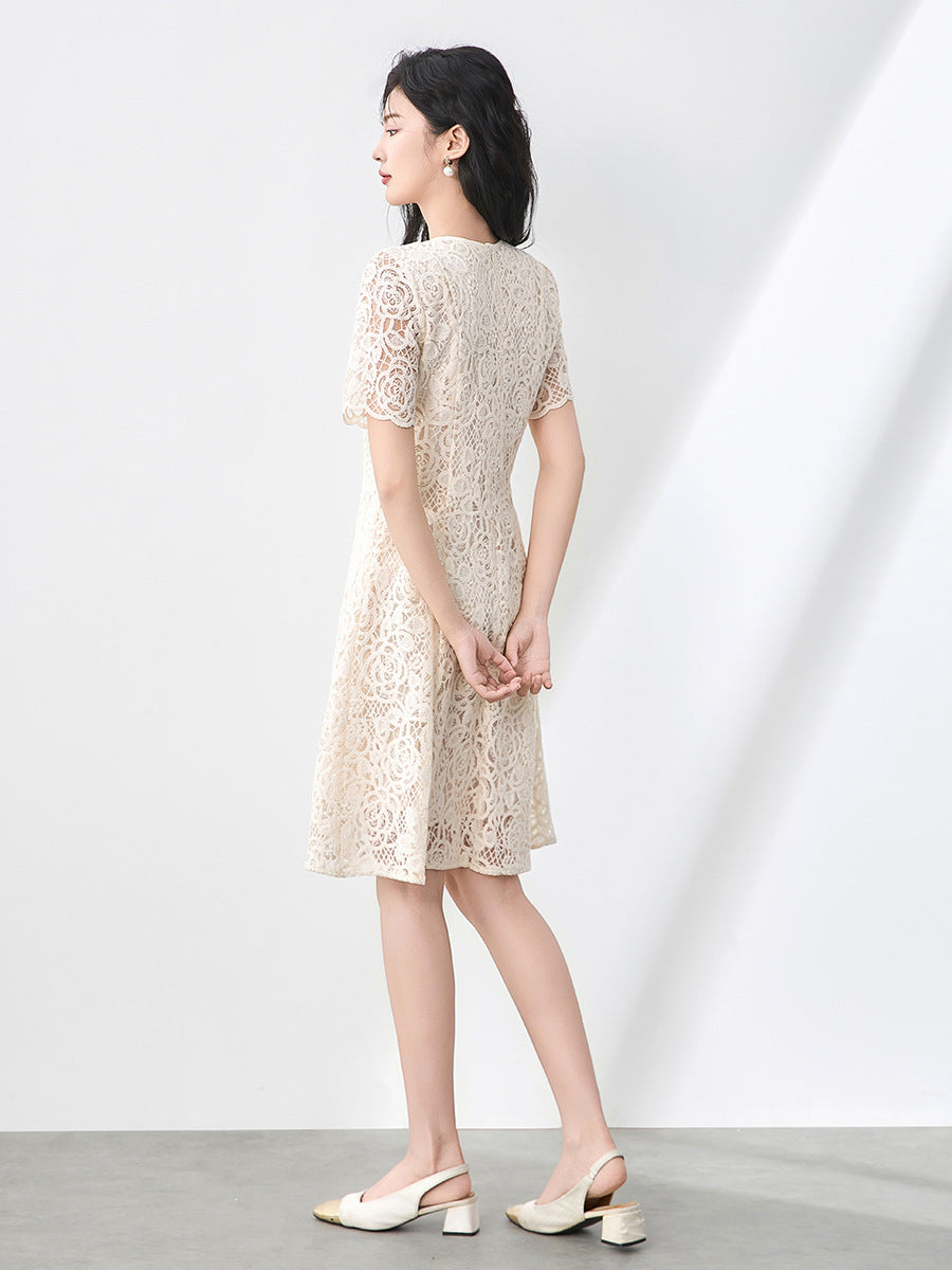 Elegant Dress For Women Round Neck Three-dimensional Flower Decoration Hollow Out Patchwork Female Dresses