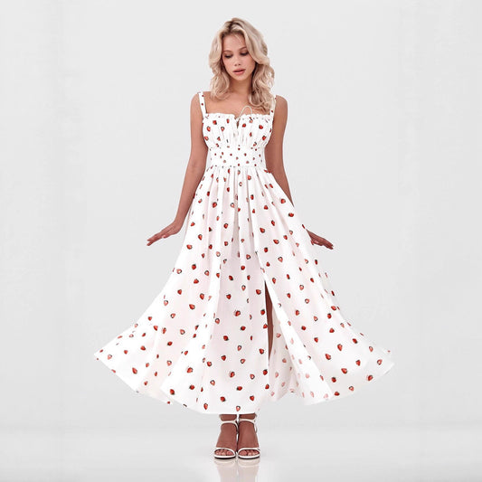Printed Suspender Dress For Women Cotton Sexy Slit High Waist Long Dress Elegant Lace Up Summer Female Vacation Dress