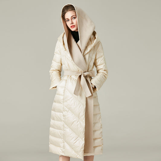 Wool Patchwork Hooded Long Puffer Jackets Women Elegant Slim Warm Winter Coat Belt  New Autumn Female Down Parkas Overcoat