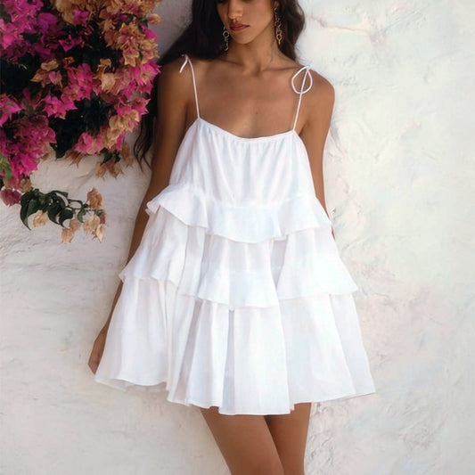 Summer Backless Mini Dress Women Lace Up Ruffle Short Sling Dresses Fashion Elegant Casual Fresh And Sweet Spaghetti Strap