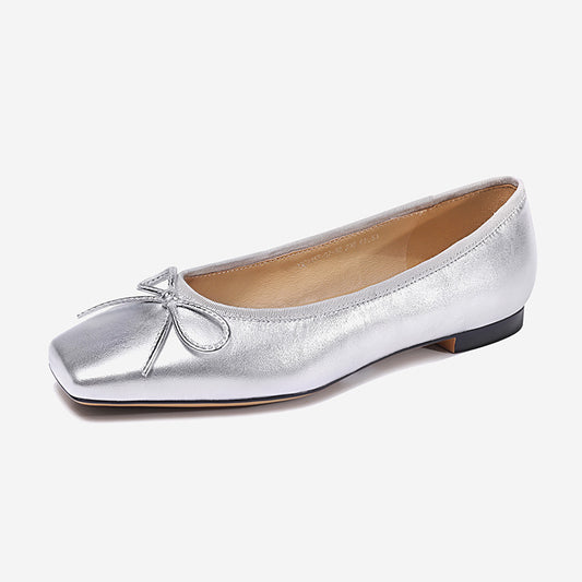 Gold Genuine Leather Women Ballet Flat Shoes Silver Cute Bow-tie Square Toe Silver Ballerina Shoe