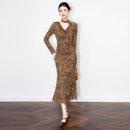 Autumn and Winter Three-dimensional Flocking Letter Printed Long Sleeved Shirt Dress, Black Slimming Long Skirt for Women