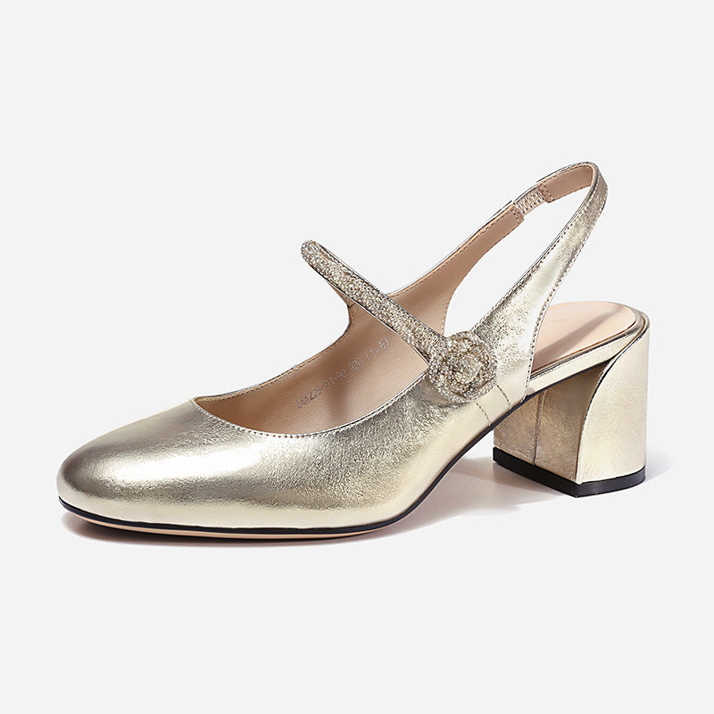 Women Summer Mary Janes Shoes Pink Green Golden Square Chunky High Heels Slingback Sandals