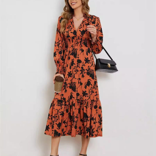 Summer Fashion New V-neck Long Sleeve High Waist Floral Elegance Dress for Women