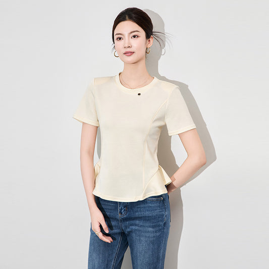 New Women's T-shirt Short-sleeved Solid Color Trimming O-neck Women T shirt for Female Woman Tops Tees Tshirt