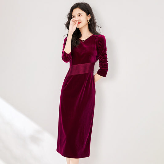 Silk Velvet Dress Spring and Autumn Ladies Temperament Elegant Fashion Mid-length Skirt High-end Business Casual