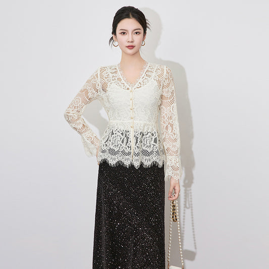 Lace Shirt Elegant Sweet Elegant V-Neck Top Women's New Model Lightweight Ladies Blouse