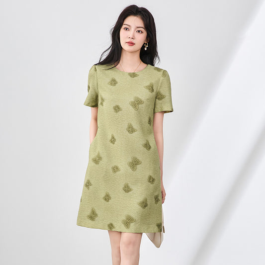 New Premium Tencel Linen Dress Butterfly Embroidery Ombre Dye French Elegant A-Line Slimming Resort Chic