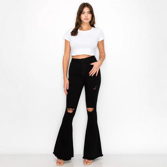 Women Flare Stretch Moustache Jeans Fashion Skinny Bell Bottom High Waist Gray Denim Pants Lady Classic Long Trousers