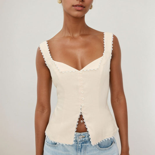 Women's French Vintage Cotton Hemp Lace Splice Fashion Buckle Strap Solid Sleeveless Vest Top