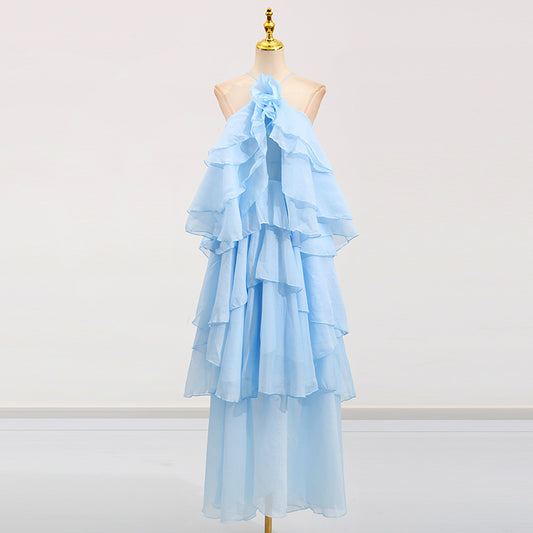 Sexy Ruffles Long Dress Women Flower Backless Sleeveless Party Beach Dresses Female Lady Multi Layers Summer Dress