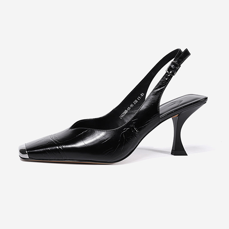 Woman Summer Sandals Simple Pumps Elegant Metal Toe Shoes For Women Spring Autumn Med Heel Slingbacks Sandals