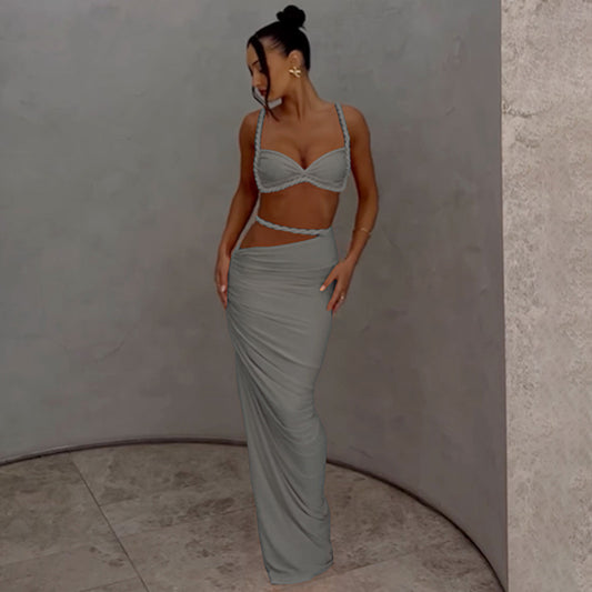 Woven Matching Women 2 Piece Sexy Vacation Outfits Pleated Crop Camis+Shirring High Waist Maxi Skirts