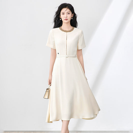 Elegant Simple Office Lady Summer Dress Beaded Round Neck Short Sleeves Embroidered High Waist Belt Slim A-line Long Dress Women