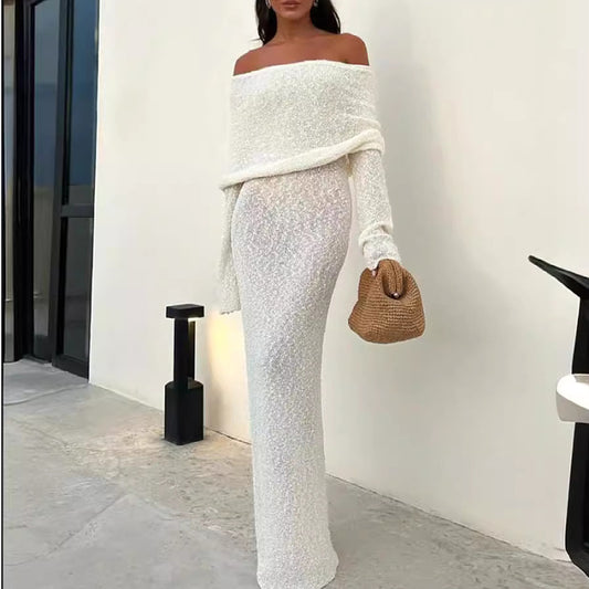 Neck Knitted Dress Women Thin Autumn Long Sleeve Elegant Vacation Beach Party Midnight Clubwear Mini Bodycon