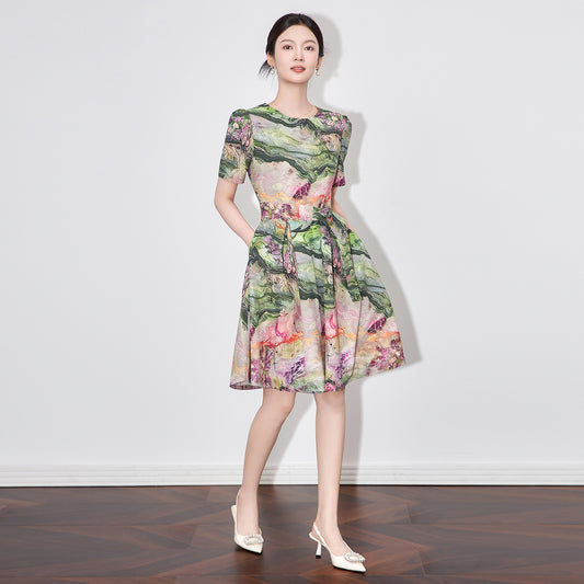 New Casual Summer Dresses For Women 2025 Fashion O-Neck Print Flowers Elegant Floral Party Dress Women Slim Women Clothing