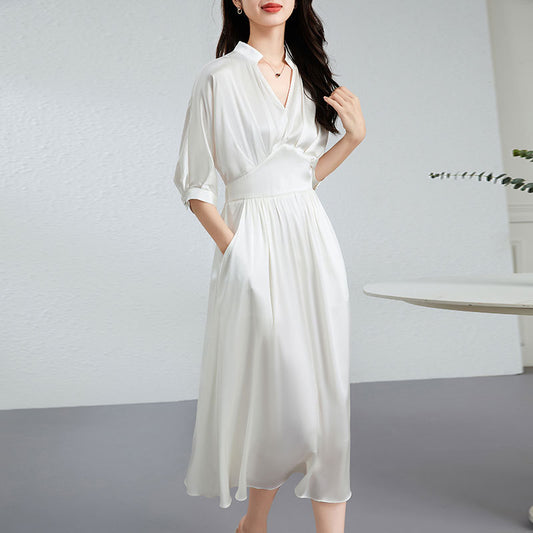 Elegant French V-neck Silk Dress Women Summer White Satin Long Skirt Great Sensation Ankle-length Loose Waist Design