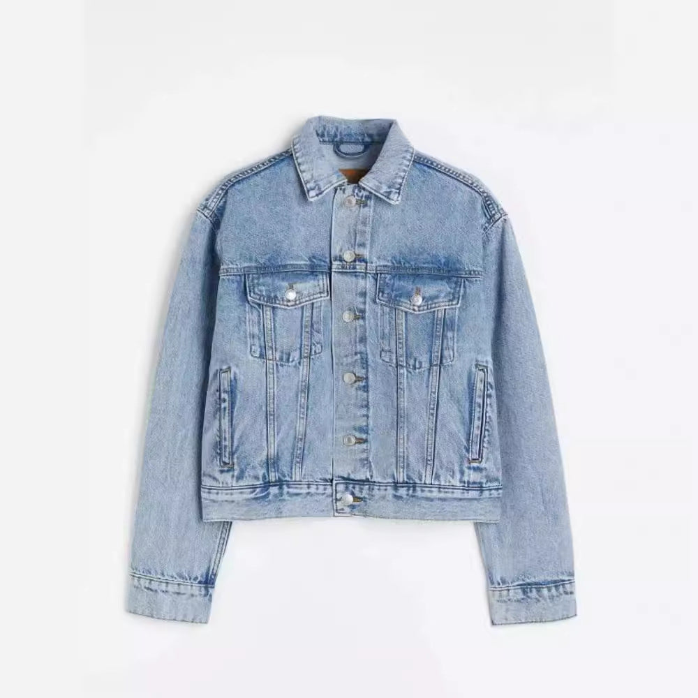 Women's Denim Jacket Long Sleeve Single Button Light Blue Spring Autumn Cotton Lycra Celebrity