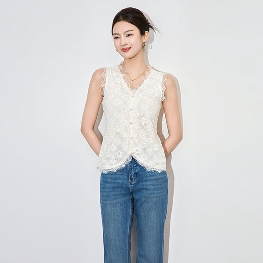 Ele Lace Vest Women's Faion Slimming Top Summer New Sle V-Ne Casual Outerwear Regular Length Single Piece