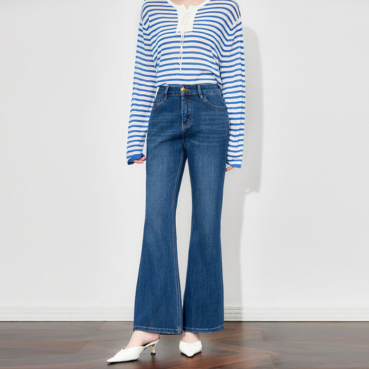 Faionable High Waist Bell Bot Denim Jeans Women's Retro Dyeing Proc Summer Blue Color Pants