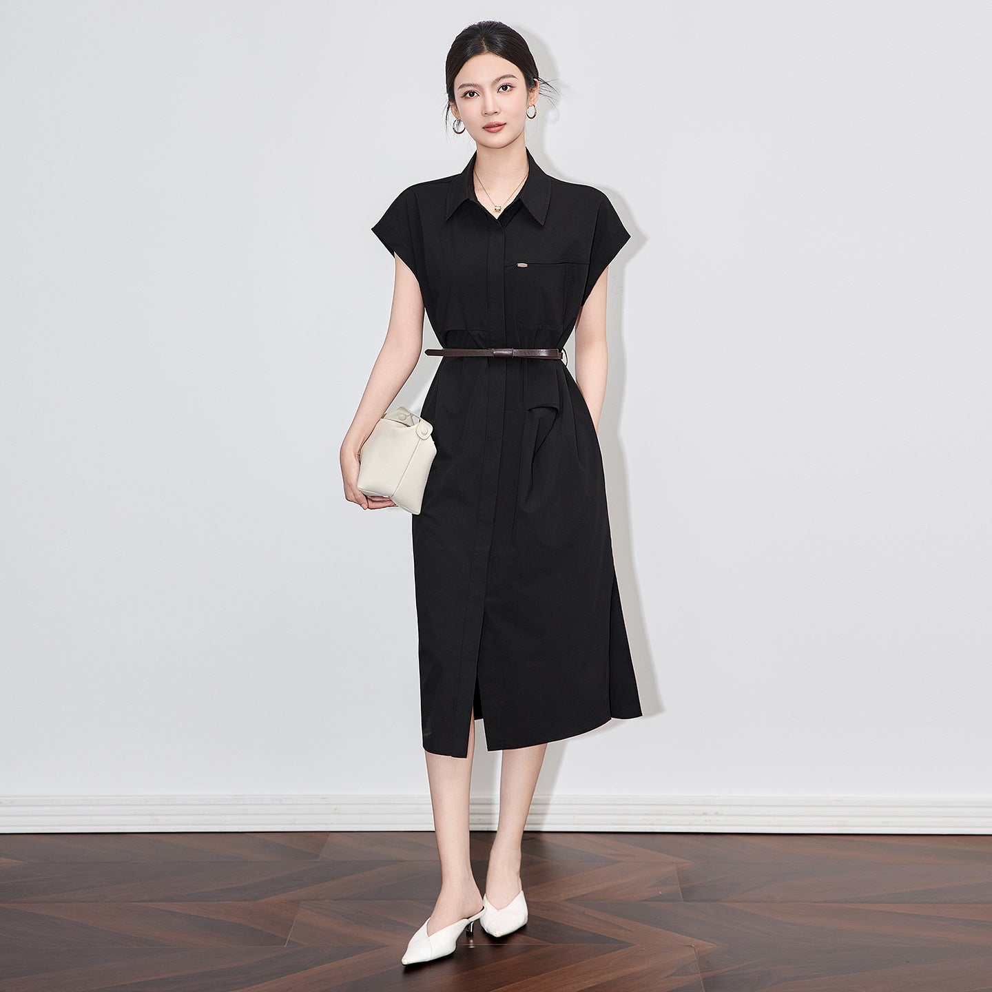 Women's Elegant Commuter Solid Dress Summer Turn-Down Collar Short Sleeve Slim-Fit Fashion Dresses With Belt