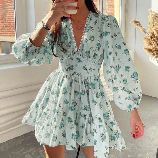 Print Women's Dress Summer Fashion Floral Lace Deep V-neck Dress For Women Casual Beach Vacation Sundress Slim A-line Dresses