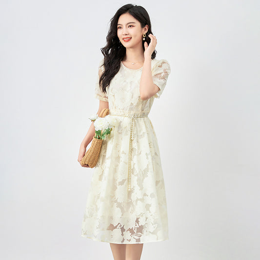 Elegant Jacquard Dress Medium Length Heavy Worked Quality Sensual Woman's Gown