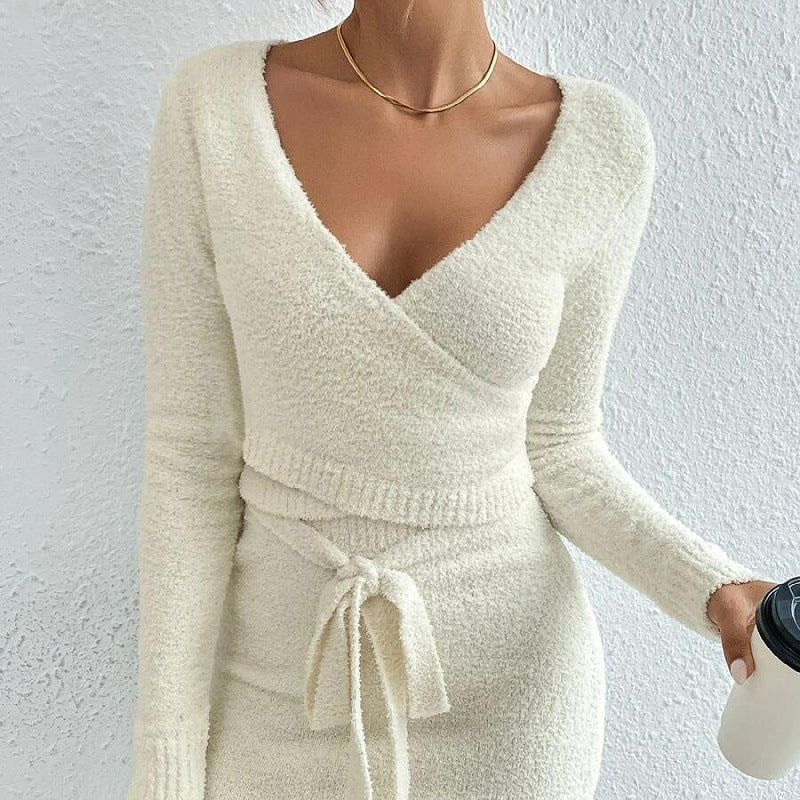 Women Solid Pluffy Knitted 2 Piece Set Wrapped V-neck Long Sleeve Crop Tops + Sashes Bodycon Mini Skirts Casual Streetwear Suits
