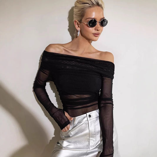 Sexy Perspective Mesh Off Shoulder T Shirt Women Long Sleeves Slash Neck Bottoming Shirt Ladies Tee Shirt
