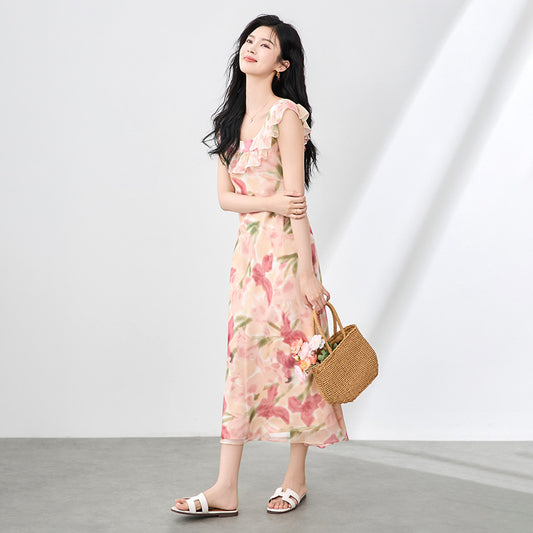 Fashion Pink Printed Ruffles Tank Dress Women's V-neck Slim High Wiast A-line Mid-calf Dresses New
