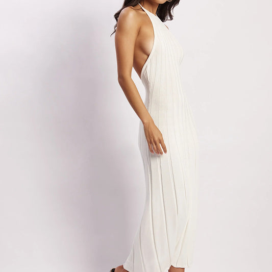 Summer Autumn Elegant Backless Knitted Dress Women Solid Halter Lace Up Sleeveless Slim Spicy Girls Street Club Party Robe