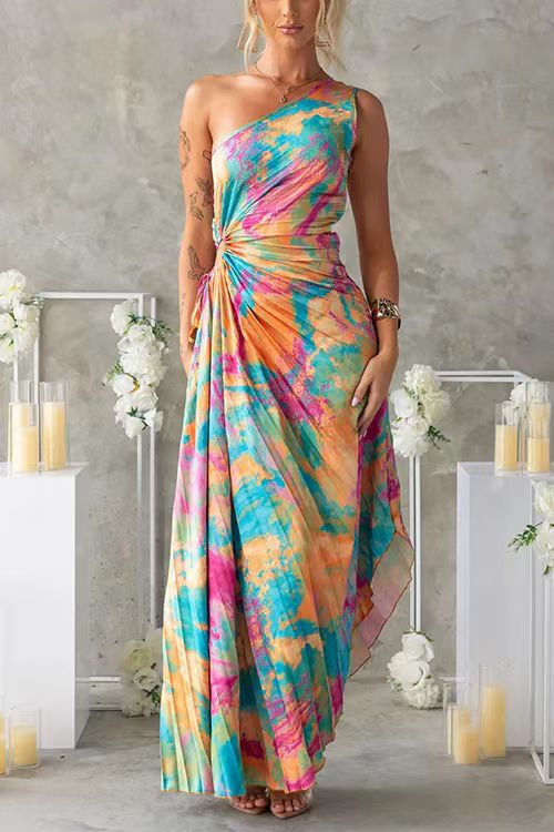 Sister Star Design Tie Press Fold Printed One Shoulder Sleeveless Dress Wholesale Irregular Slant Neck Street Style Long Dresses