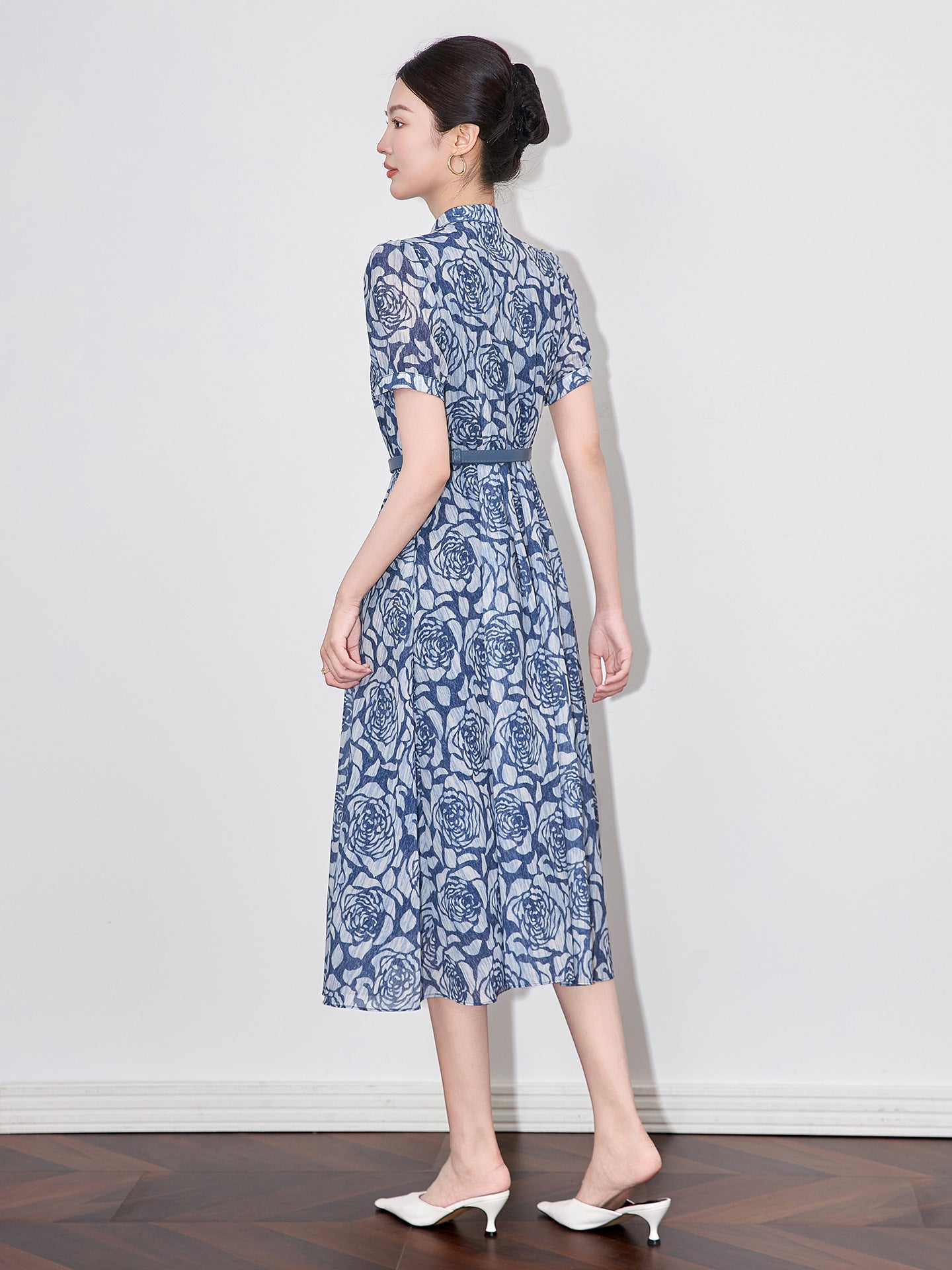 Fashionable Shirt-Style Printed Dress with Belt Independent Station Wind Women's Clothing Knee-Length Short Sleeve Polyester Fib