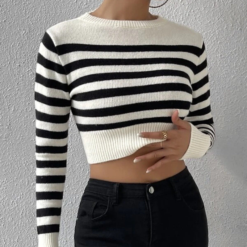 Female Casual Clothing Women's Stripe Crop Knit Top Temperament Commuting Spring New Woman Fashion Long Sleeve Knitted Pullovers