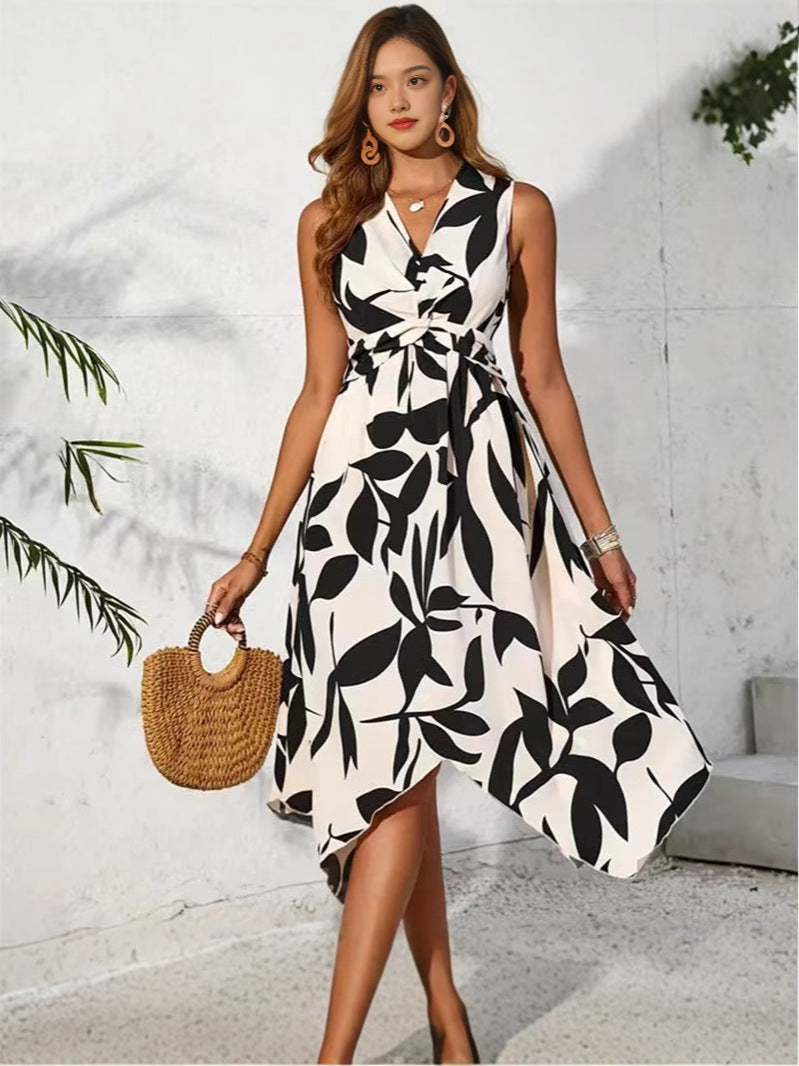 Beach Women Midi Dress 2024 Summer New Plus Size Maxi Long One Piece Dress Elegant Casual Leaf Printed Hem Dress Vestidos Female