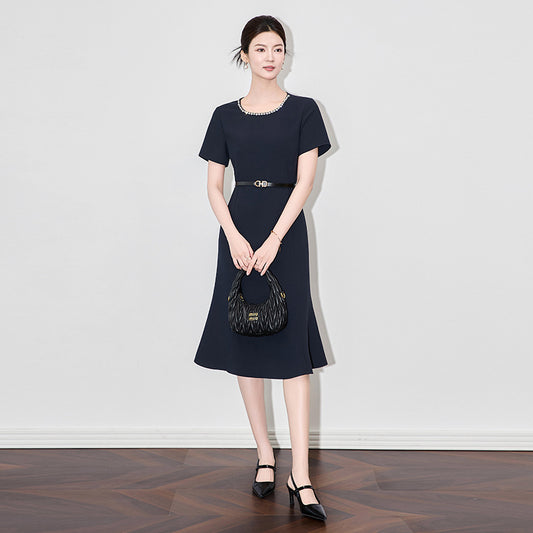 Senior Sentong Qin Slimming Refined round Neck Short Sleeve Female Summer Fishtail Dress