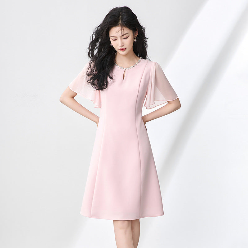 Elegant Fashion Black Dresses Round Neck Diamond Ruffles Sleeve High Waist Slim A-line Summer Dress for Women