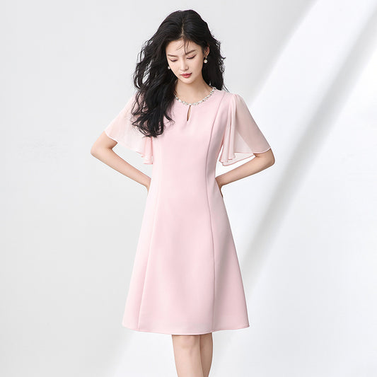Elegant Fashion Black Dresses Round Neck Diamond Ruffles Sleeve High Waist Slim A-line Summer Dress for Women