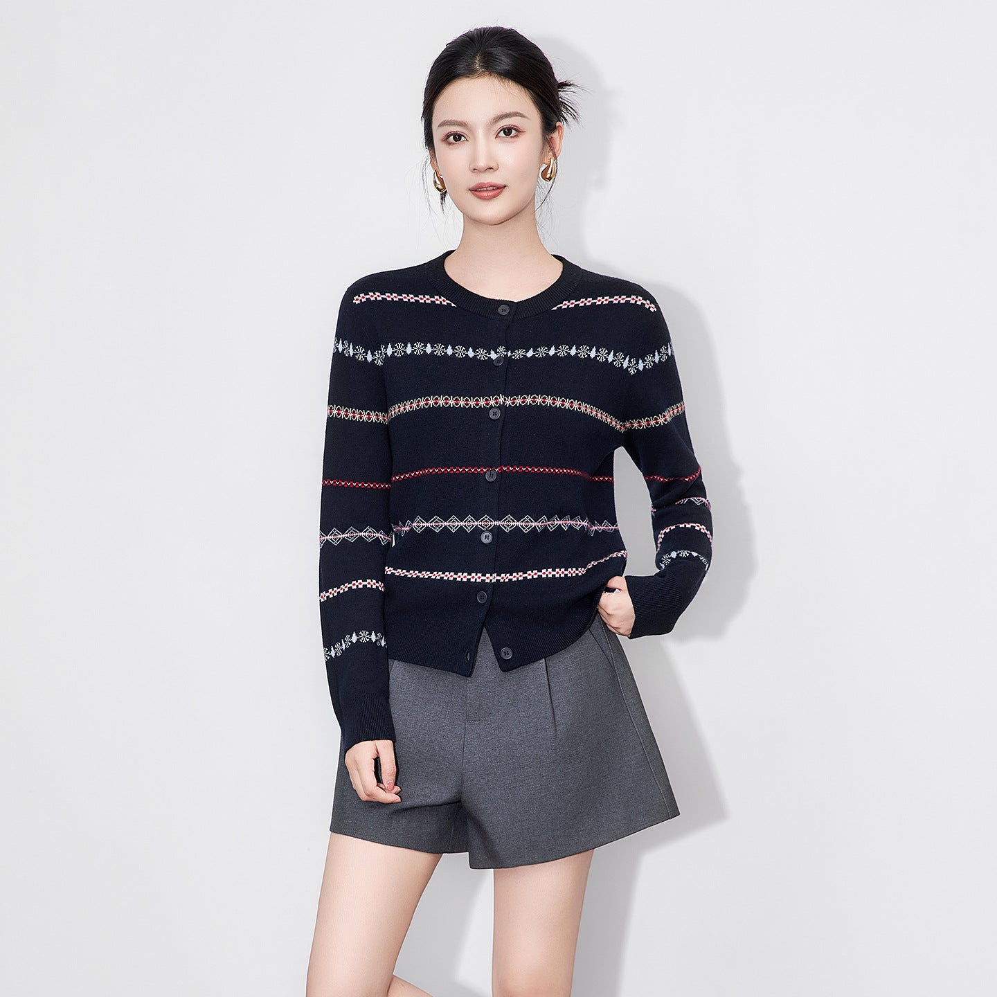 Women's Rainbow Striped Cardigan Wool Blend Sweater 2025 Autumn Pearl Buttons O-Neck Long Sleeve Knit Coat