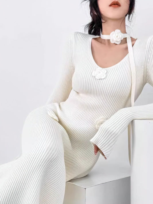 Flowers Knitted Long Dresses Solid Autumn Winter Korean Fashion Vestidos Mujer V Neck Elegant Retro Women Dress
