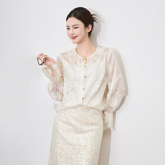 White Lace Shirt Women Tops Spring New Round Neck Loose Casual Bubble Sleeve Blouses Women Clothing