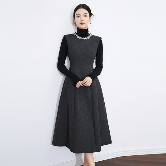 Fashion Gray Wool Blends Dress Women's Diamond Inlay Round Neck Slim Sleeveless A-line Dresses